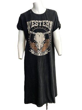 Hrt & Luv Western T Shirt Dress Large Skull Wild West Faded USA Made Side Slits